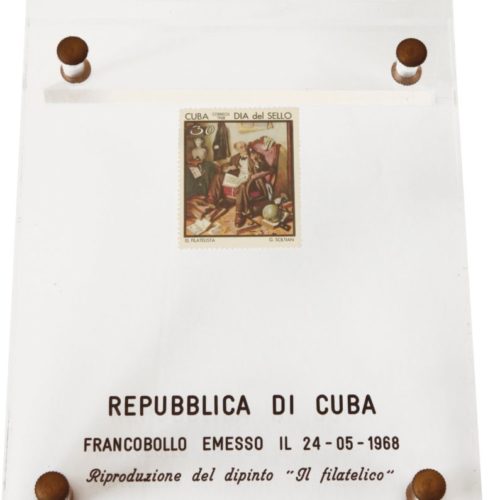 Francobollo della Repubblica di Cuba raffigurante il dipinto Il filatelico di Gregorio Sciltian, 1968