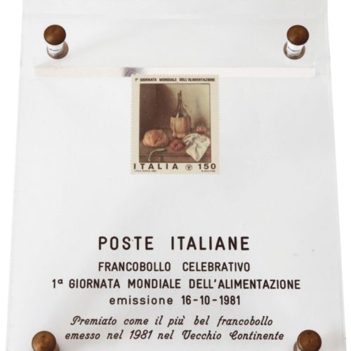 Francobollo della Repubblica Italiana su disegno di Gregorio Sciltian per la prima Giornata mondiale dell’Alimentazione, 1981, cm 5×4.