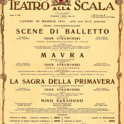 Locandina della rappresentazione di Scene di balletto, Mavra e La Sagra della Primavera di Stravinskij, il 30 maggio 1955, Teatro alla Scala di Milano